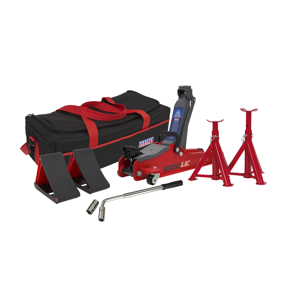 Low Entry Short Chassis Trolley Jack & Accessories Bag Combo, 2 Tonne - Red 1020LEBAGCOMBO