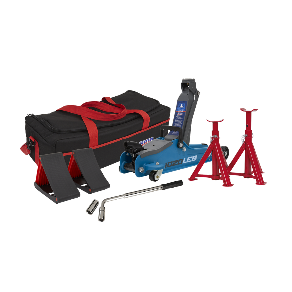 Low Profile Short Chassis Trolley Jack 2 Tonne & Accessories Bag Combo - Blue 1020LEBBAGCOMBO
