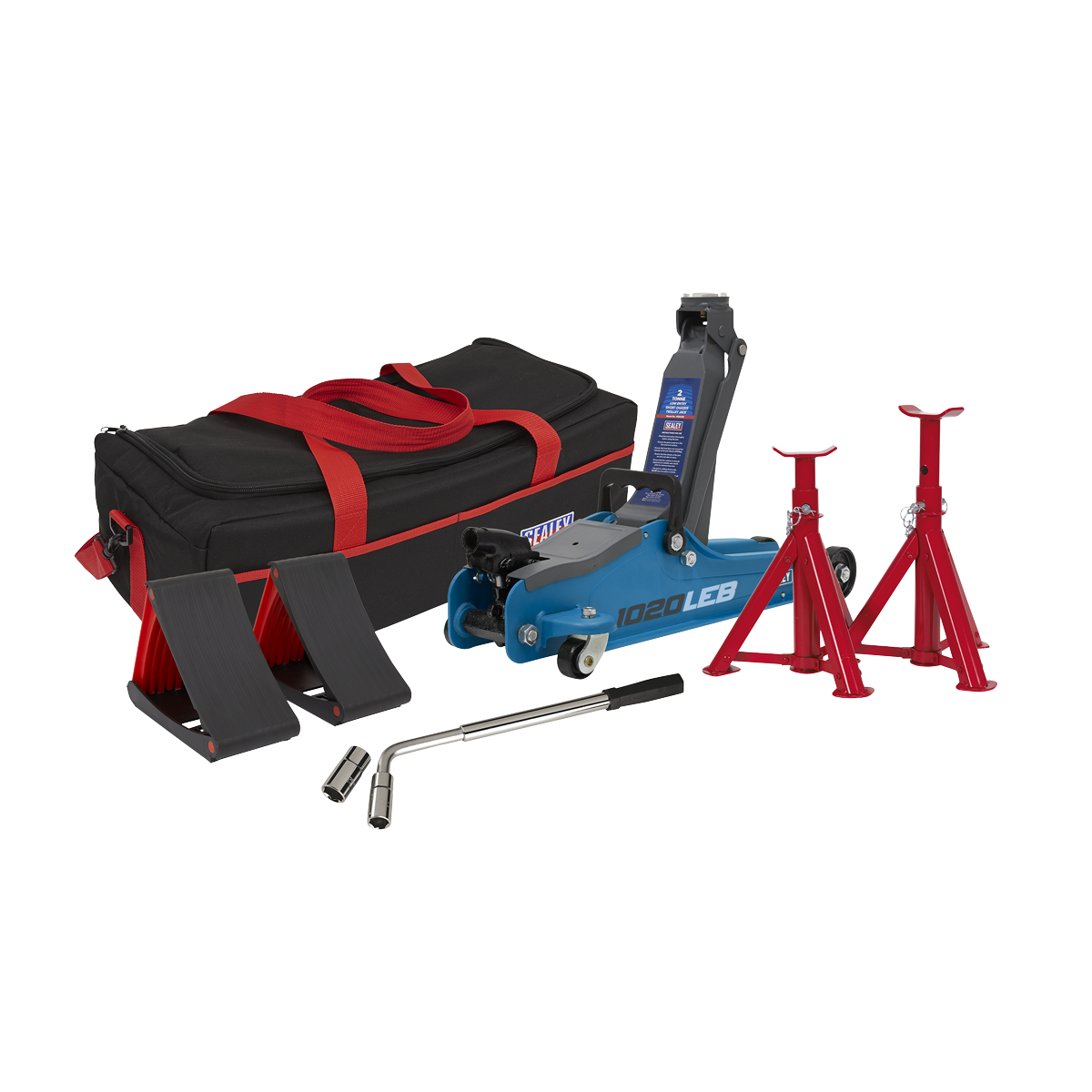 Low Profile Short Chassis Trolley Jack 2 Tonne & Accessories Bag Combo - Blue 1020LEBBAGCOMBO