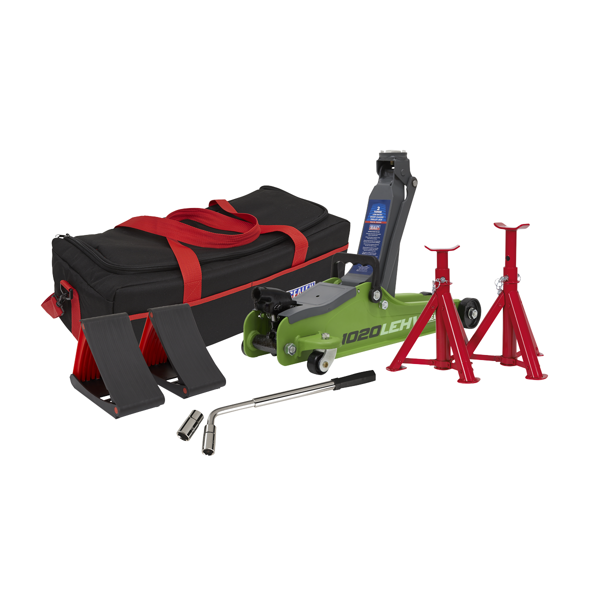 Low Entry Short Chassis Trolley Jack & Accessories Bag Combo, 2 Tonne - Green 1020LEHVBAGCOMBO