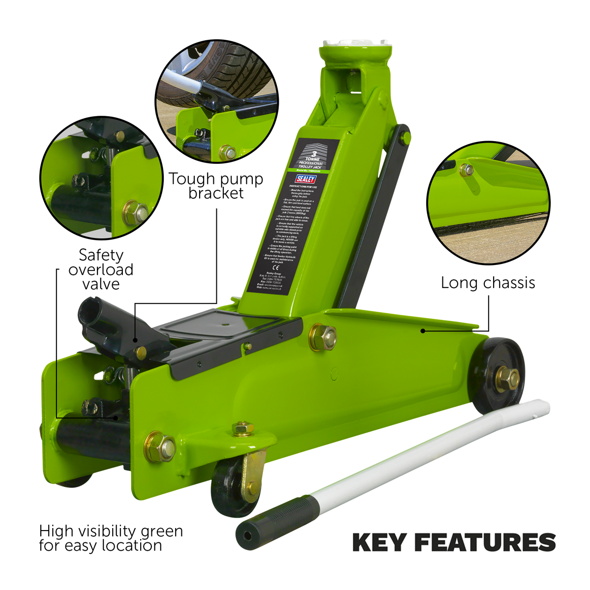 Heavy-Duty Long Reach Trolley Jack 3 Tonne - Green 1153CXHV