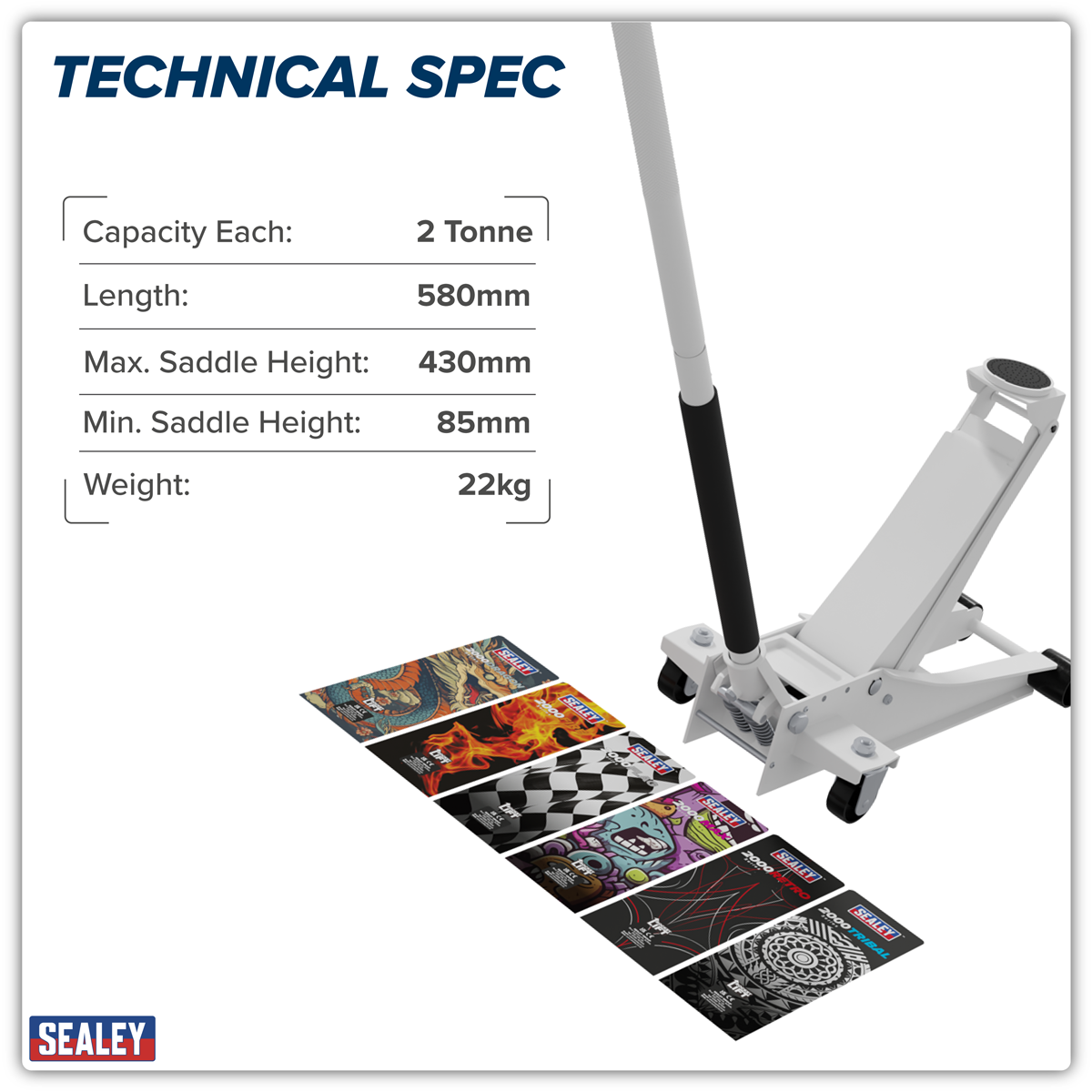 Low Profile Custom Design Trolley Jack with Rocket Lift 2 Tonne - White 2000CW