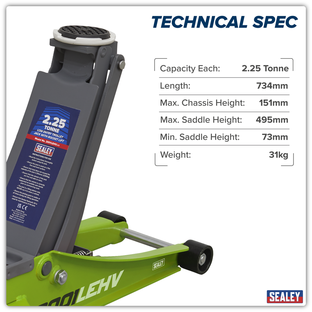 Low Profile Rocket Lift Trolley Jack 2.25 Tonne - Green 2001LEHV