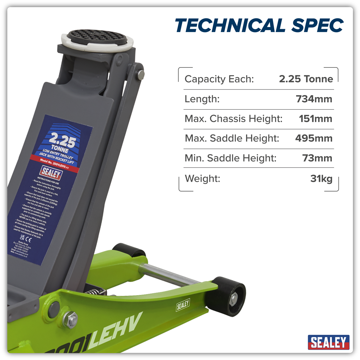 Low Profile Rocket Lift Trolley Jack 2.25 Tonne - Green 2001LEHV