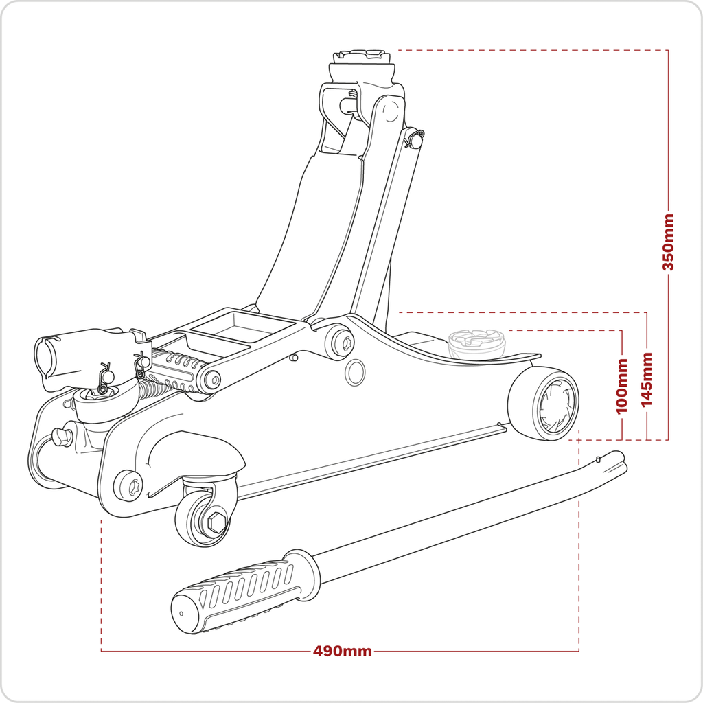 180° Handle Low Profile Short Chassis Trolley Jack 2 Tonne - Red 2180LE