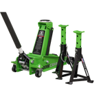 Trolley Jack with Super Rocket Lift 3 Tonne & Axle Stands (Pair) 3 Tonne Capacity per Stand - Green 3015CXHV