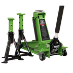 Trolley Jack with Super Rocket Lift 3 Tonne & Axle Stands (Pair) 3 Tonne Capacity per Stand - Green 3015CXHV