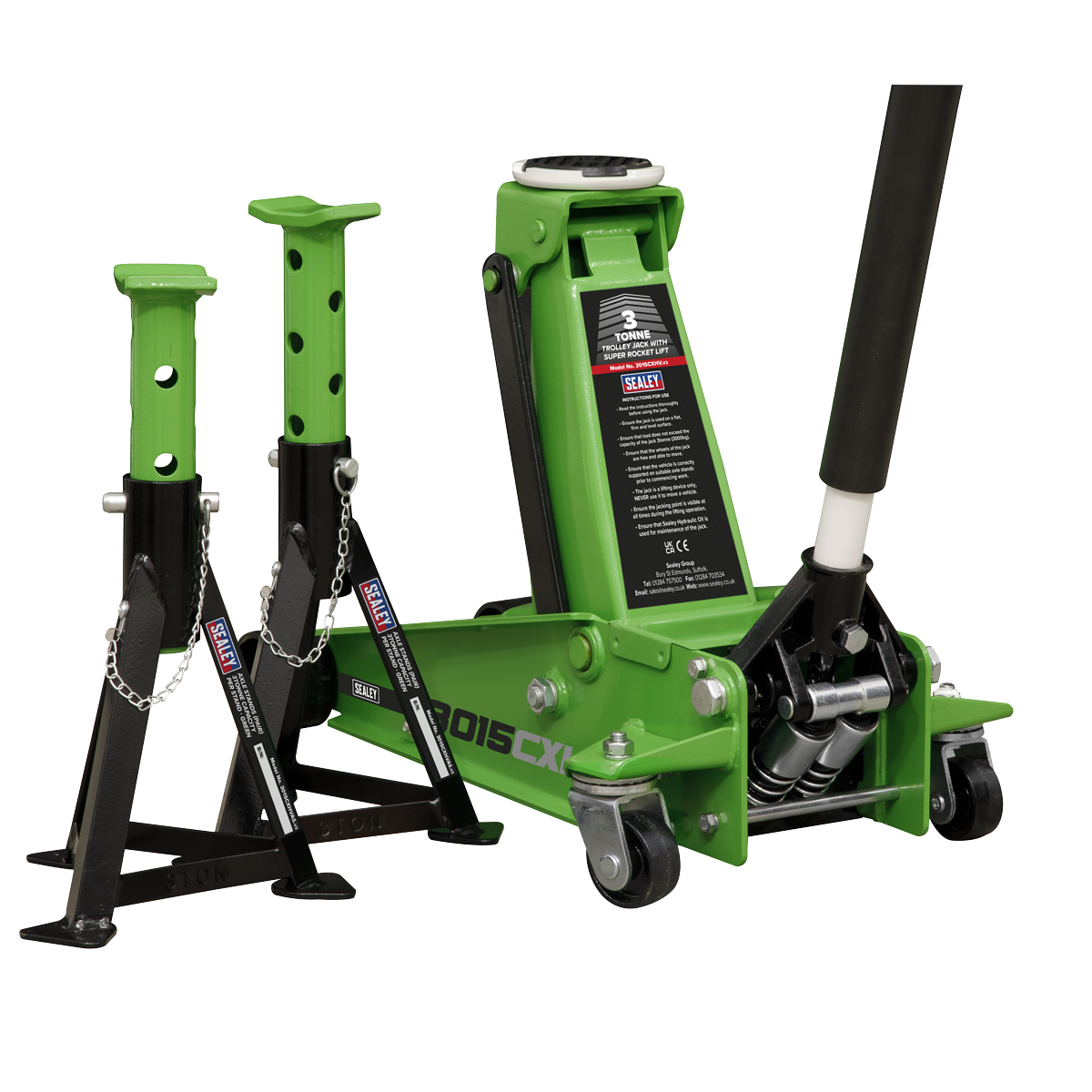 Trolley Jack with Super Rocket Lift 3 Tonne & Axle Stands (Pair) 3 Tonne Capacity per Stand - Green 3015CXHV