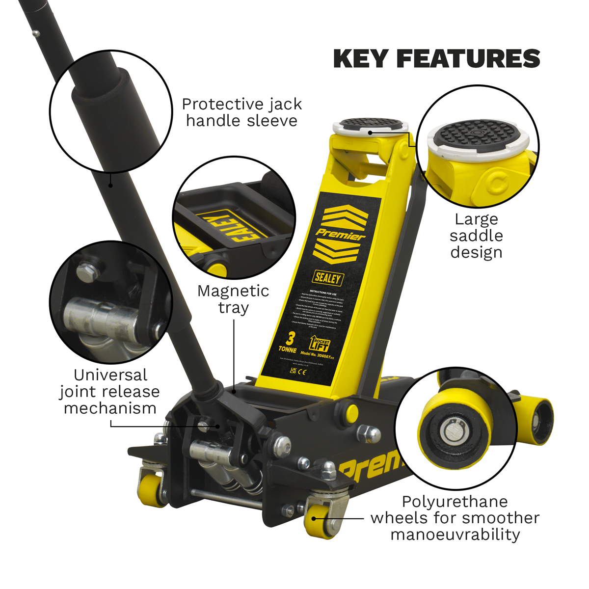 Low Profile Trolley Jack with Rocket Lift 3 Tonne - Yellow 3040AY