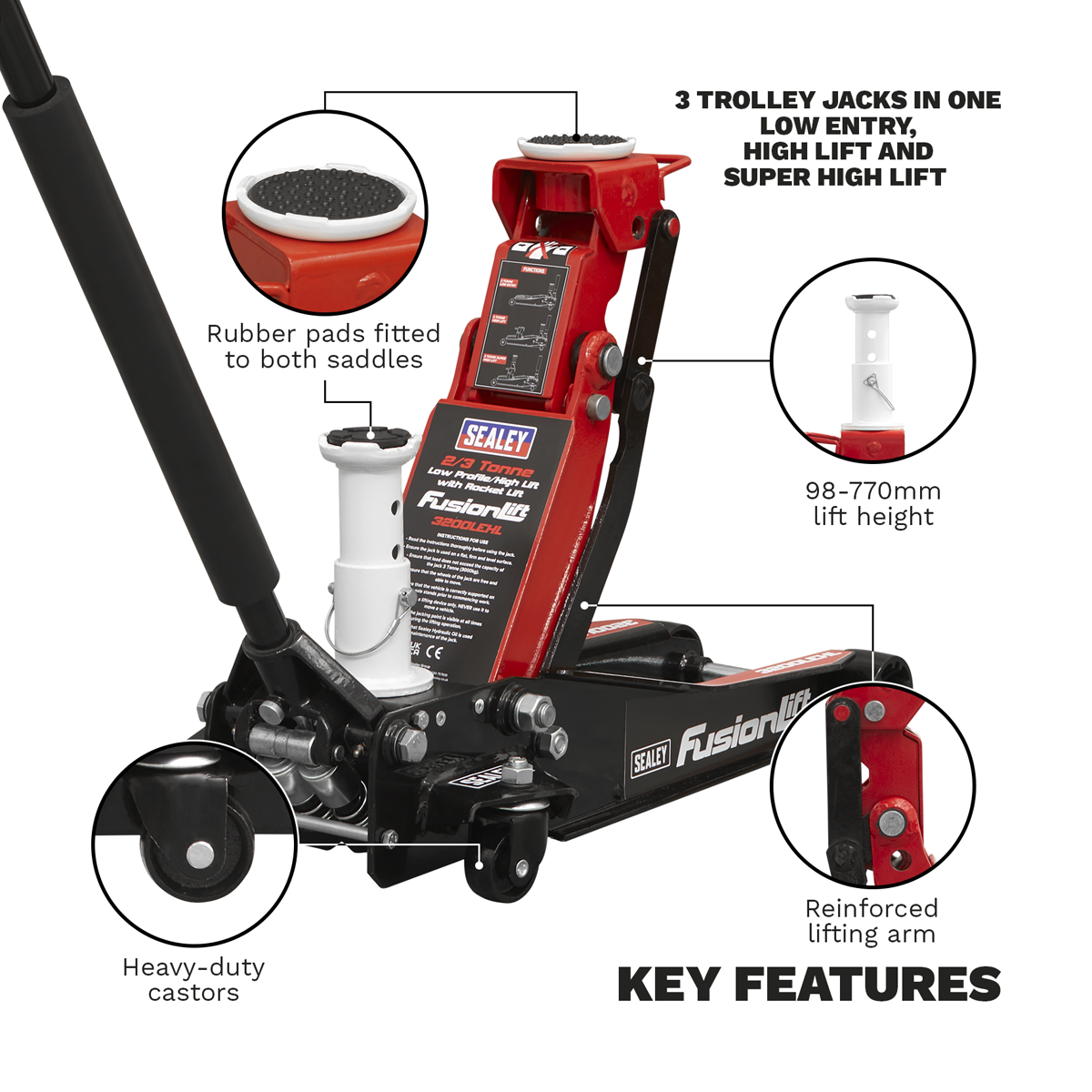 Low Profile High Lift Trolley Jack with Rocket Lift 2/3 Tonne 3200LEHL