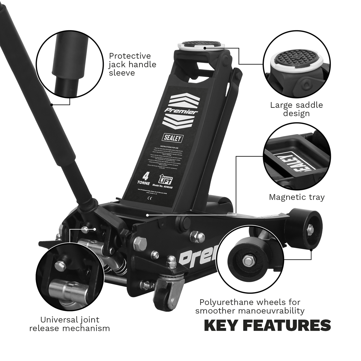 Low Profile Trolley Jack with Rocket Lift 4 Tonne - Black 4040AB