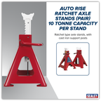 Auto Rise Ratchet Axle Stands (Pair) 10 Tonne Capacity per Stand AAS10000