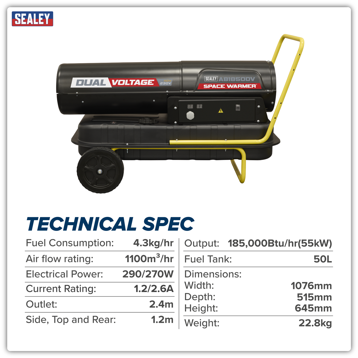 Dual Voltage Kerosene/Diesel Heater with Wheels 185,000Btu/hr(55kW) AB1850DV