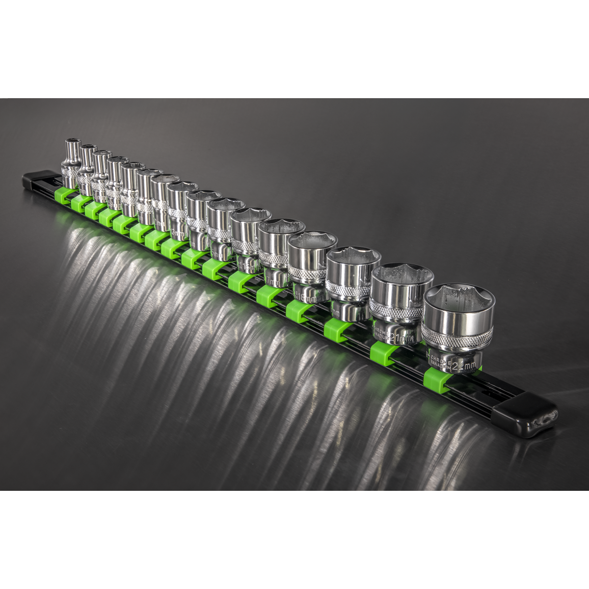 Socket Retaining Rail with 16 Clips 3/8"Sq Drive - Hi-Vis Green AK27053HV