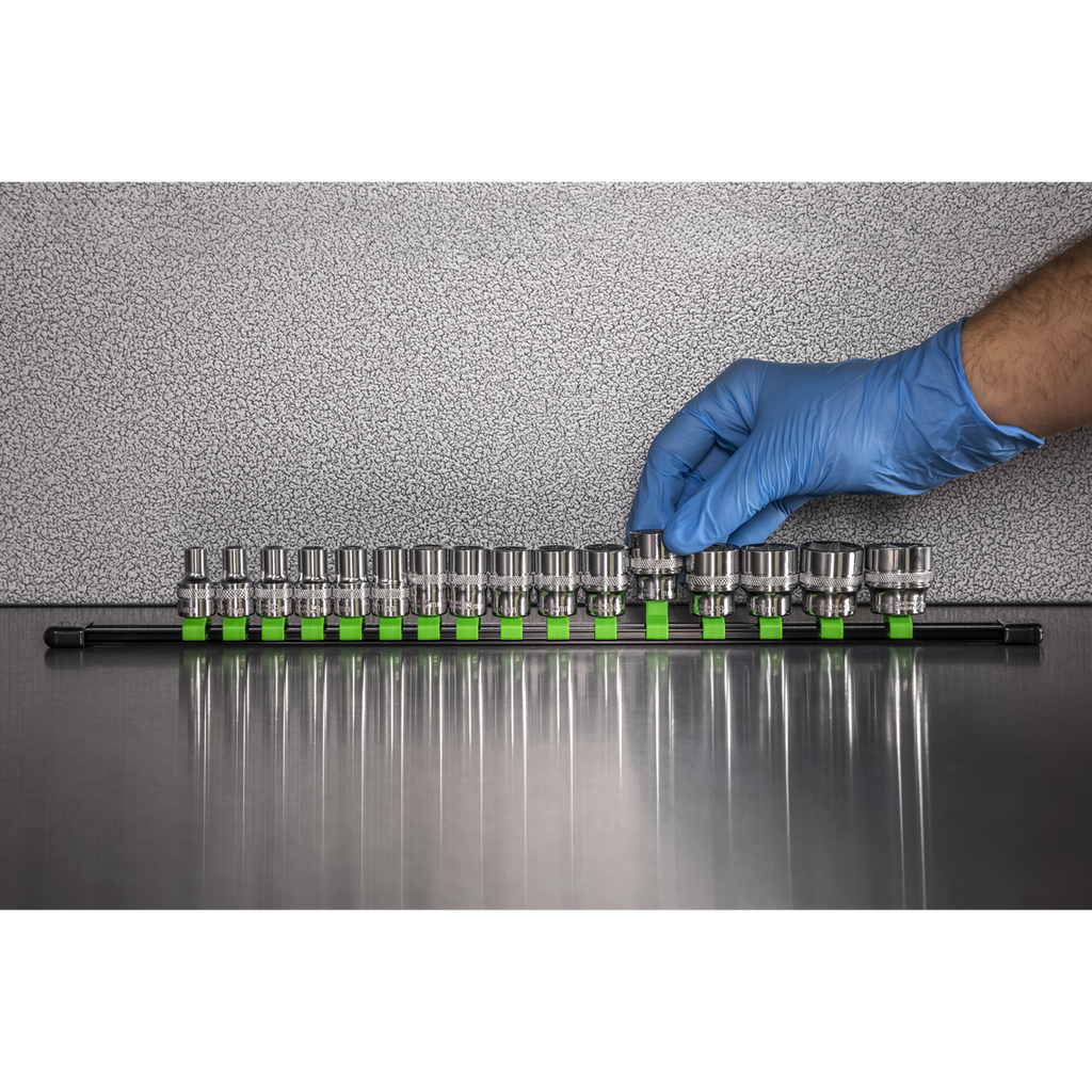 Socket Retaining Rail with 16 Clips 3/8"Sq Drive - Hi-Vis Green AK27053HV