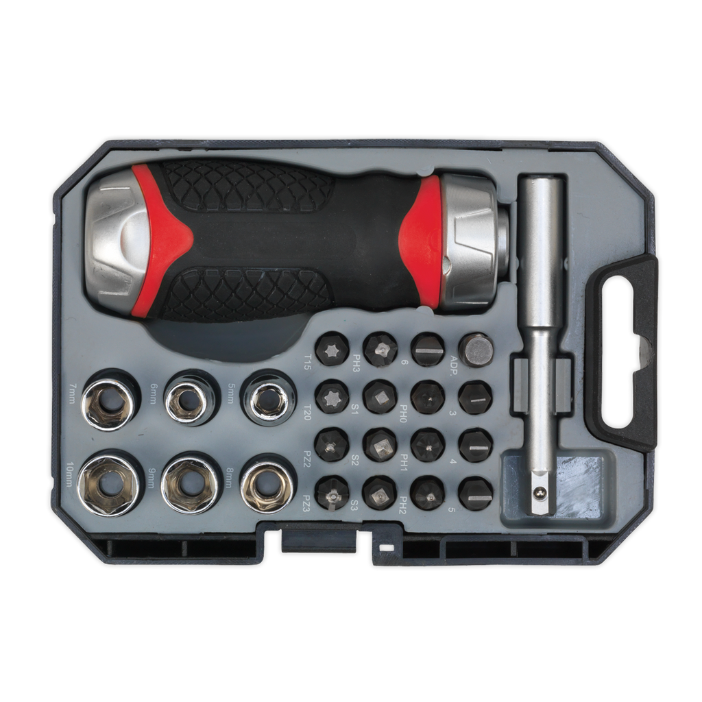 Fine Tooth Stubby Ratchet Screwdriver Socket & Bit Set 24pc AK64906