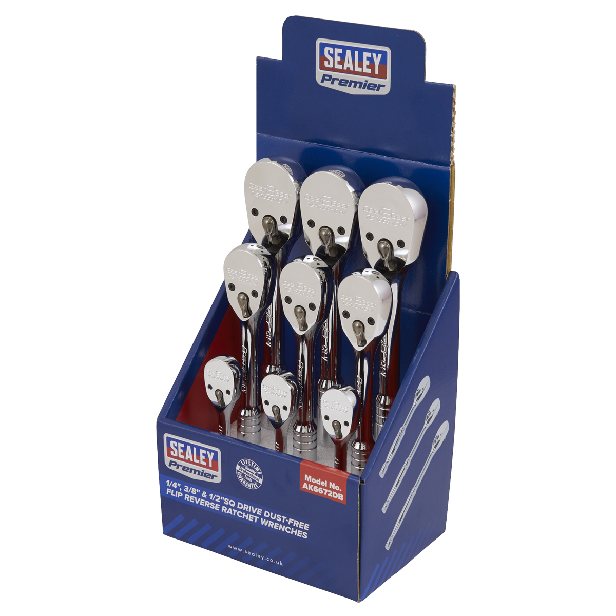 Pear-Head Ratchet Wrenches with Flip Reverse 1/4", 3/8" & 1/2"Sq Drive - Display Box of 9 AK6672DB