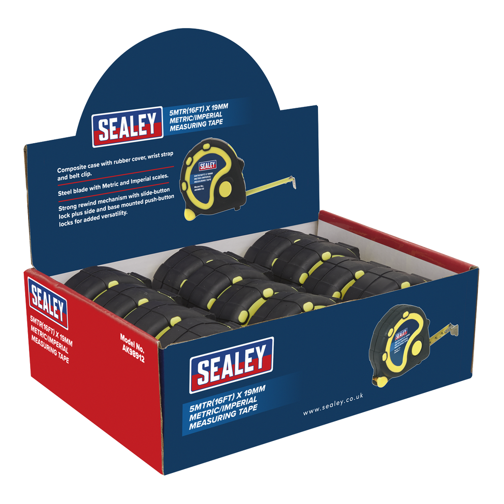 Metric/Imperial Rubber Tape Measure 5m(16ft) x 19mm - Display Box of 12 AK98912