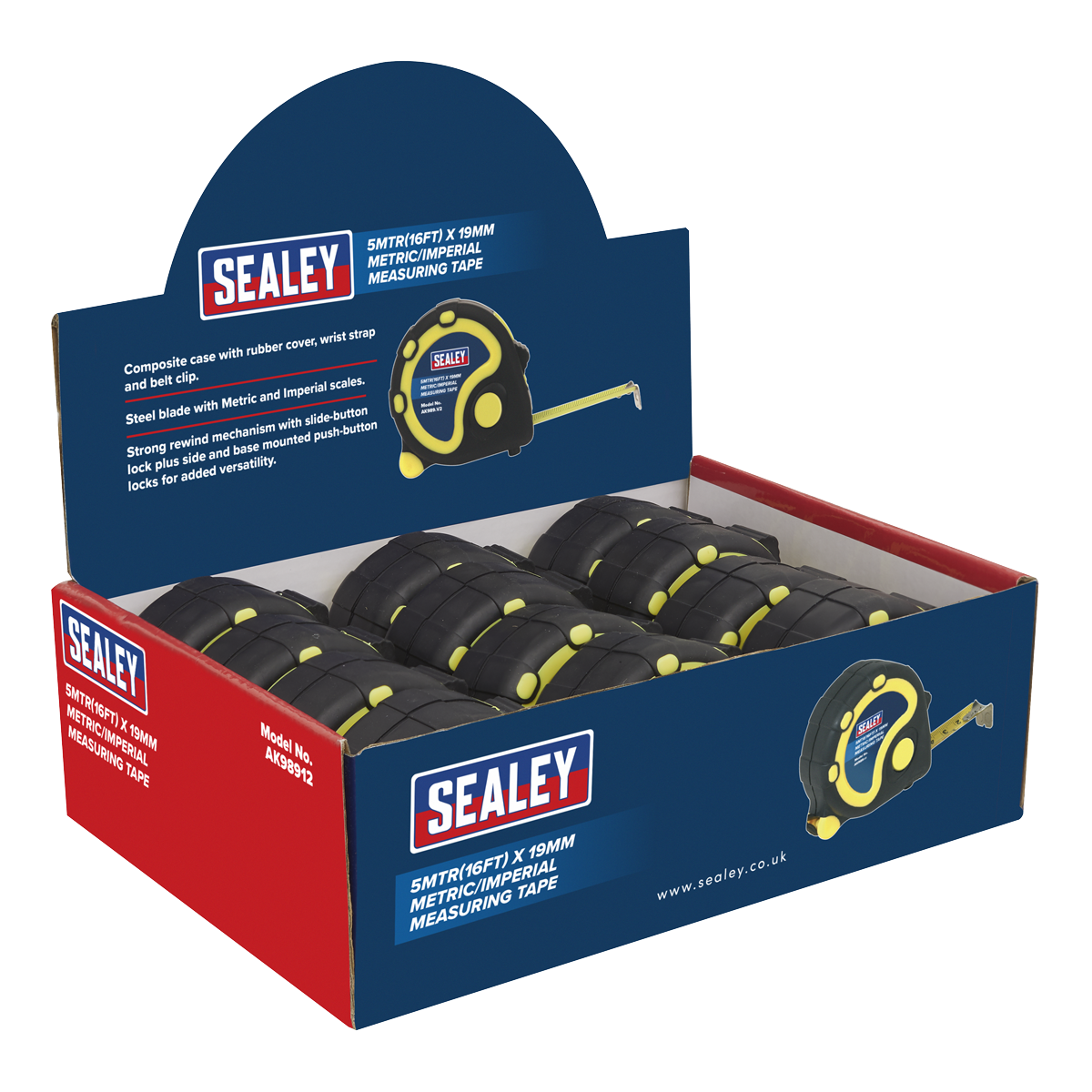 Metric/Imperial Rubber Tape Measure 5m(16ft) x 19mm - Display Box of 12 AK98912