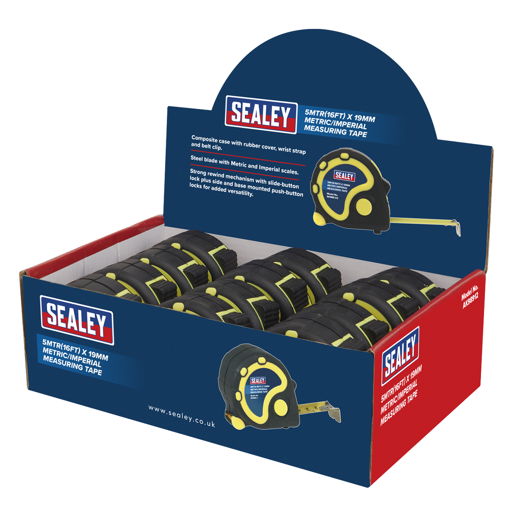 Metric/Imperial Rubber Tape Measure 5m(16ft) x 19mm - Display Box of 12 AK98912