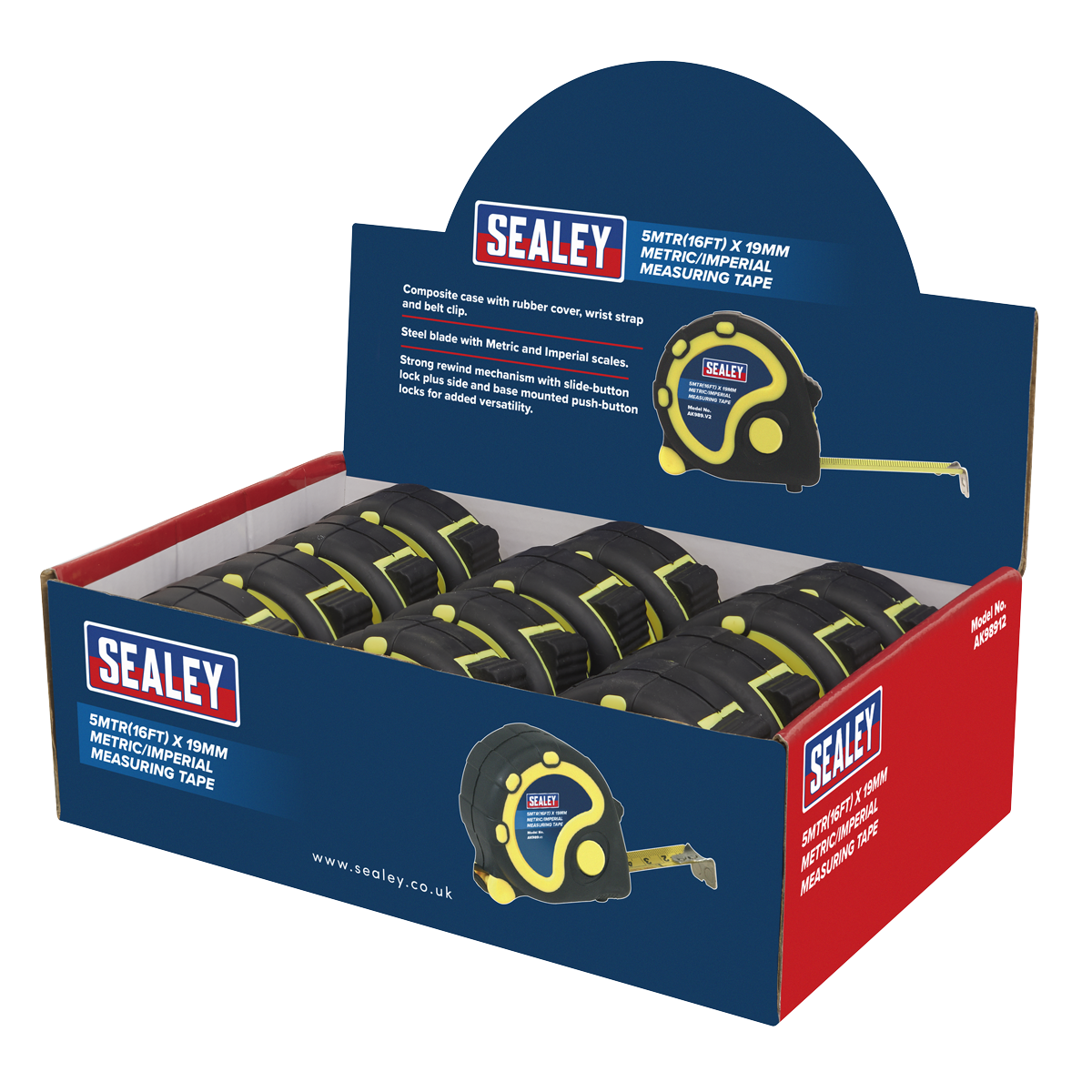 Metric/Imperial Rubber Tape Measure 5m(16ft) x 19mm - Display Box of 12 AK98912
