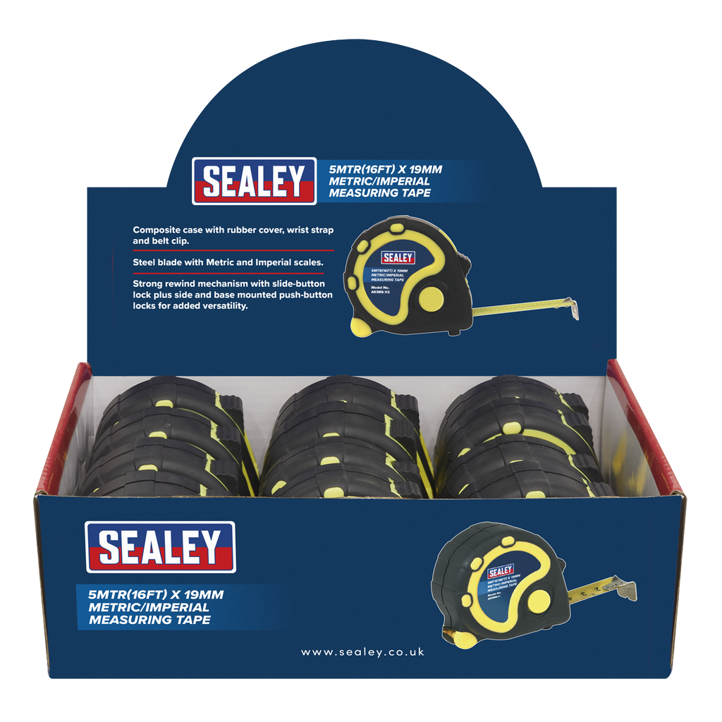 Metric/Imperial Rubber Tape Measure 5m(16ft) x 19mm - Display Box of 12 AK98912