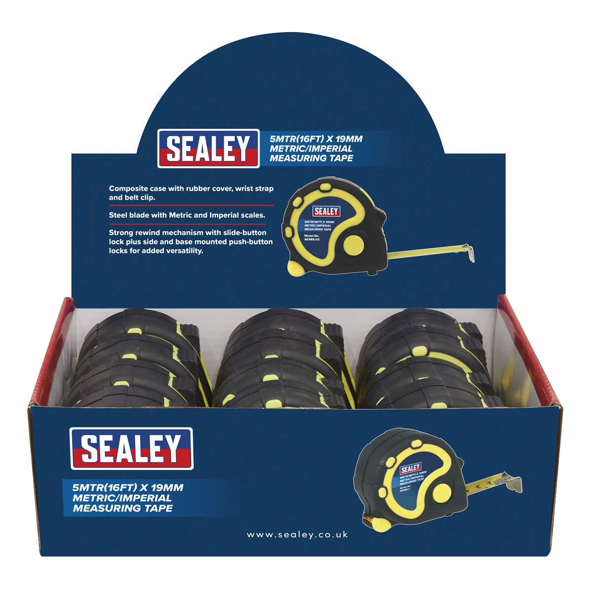 Metric/Imperial Rubber Tape Measure 5m(16ft) x 19mm - Display Box of 12 AK98912