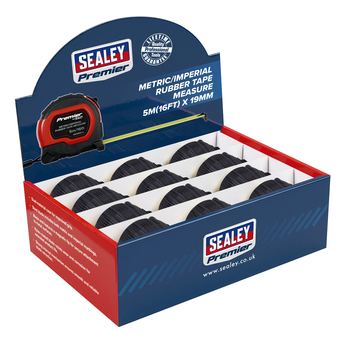 Metric/Imperial Rubber Tape Measure 5m(16ft) x 19mm - Display Box of 12 AK98912