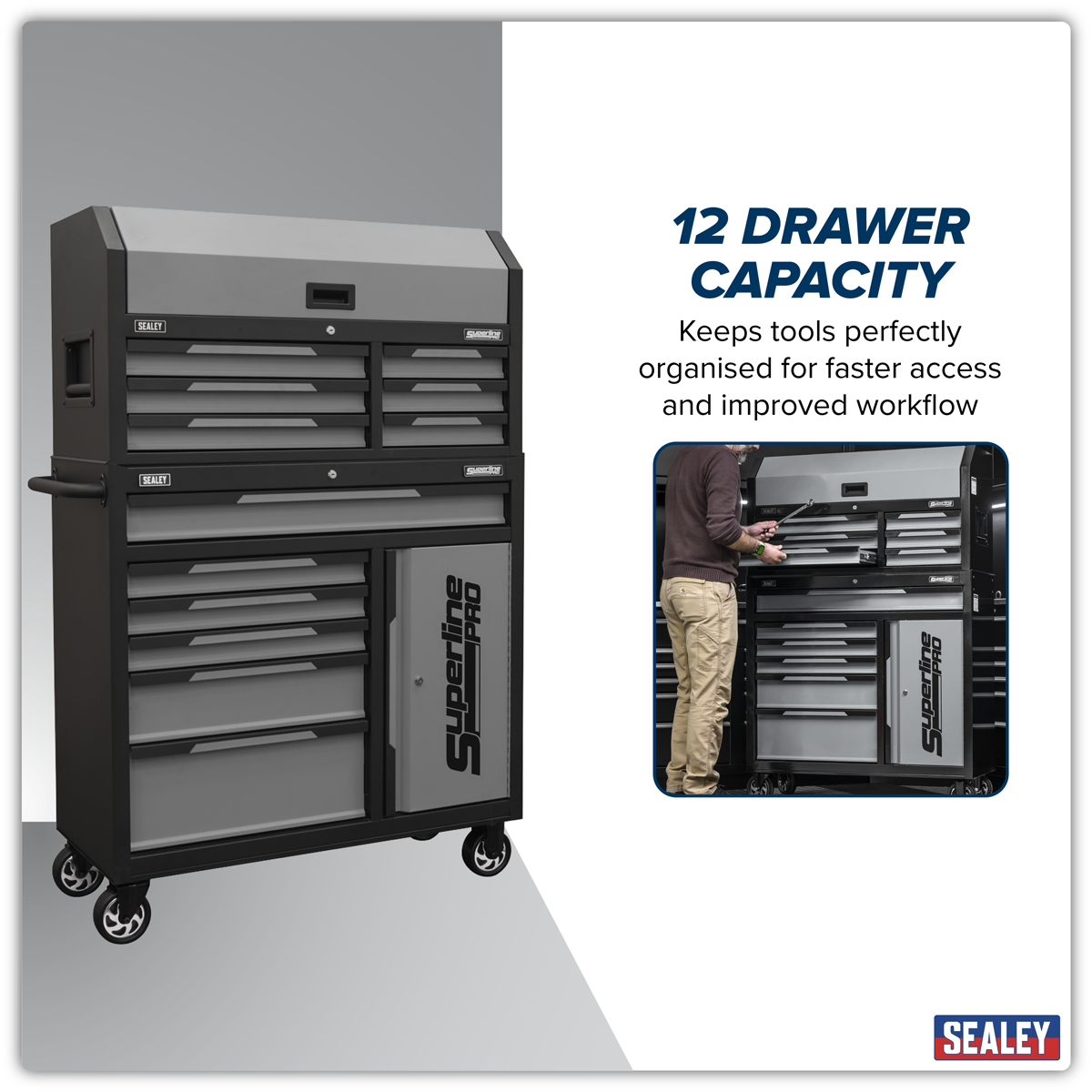 Topchest & Rollcab Combination 12 Drawer & 1 Door Cupboard - Grey AP1080GR