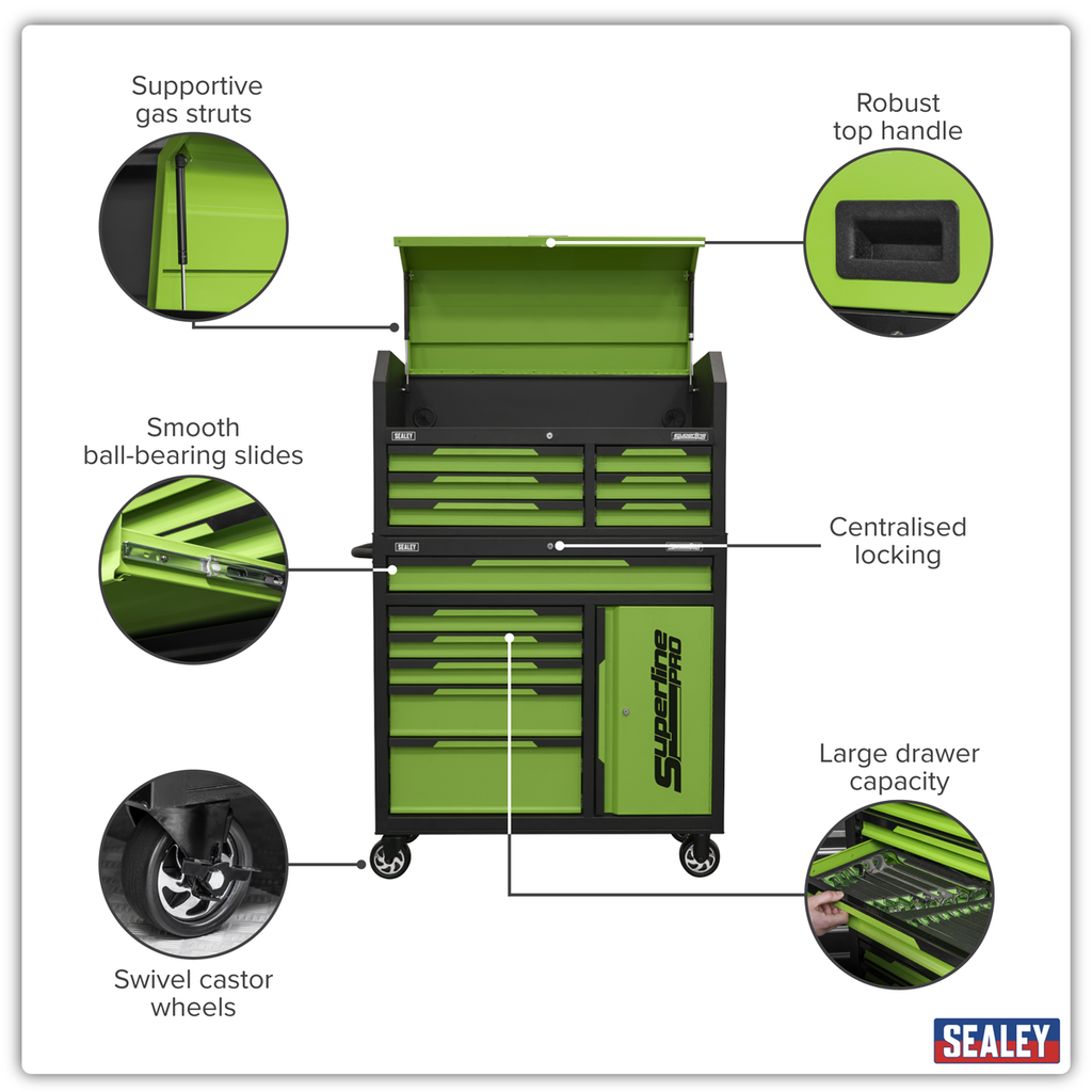 Topchest & Rollcab Combination 12 Drawer & 1 Door Cupboard - Green AP1080HVG