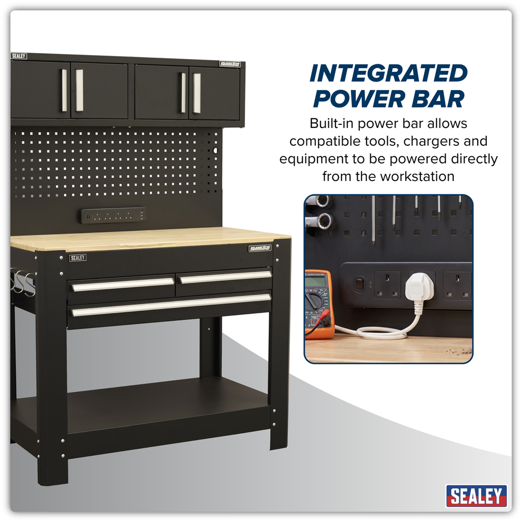 Workbench with Pegboard Back Panel, Power Bar & Wooden Worktop AP12701