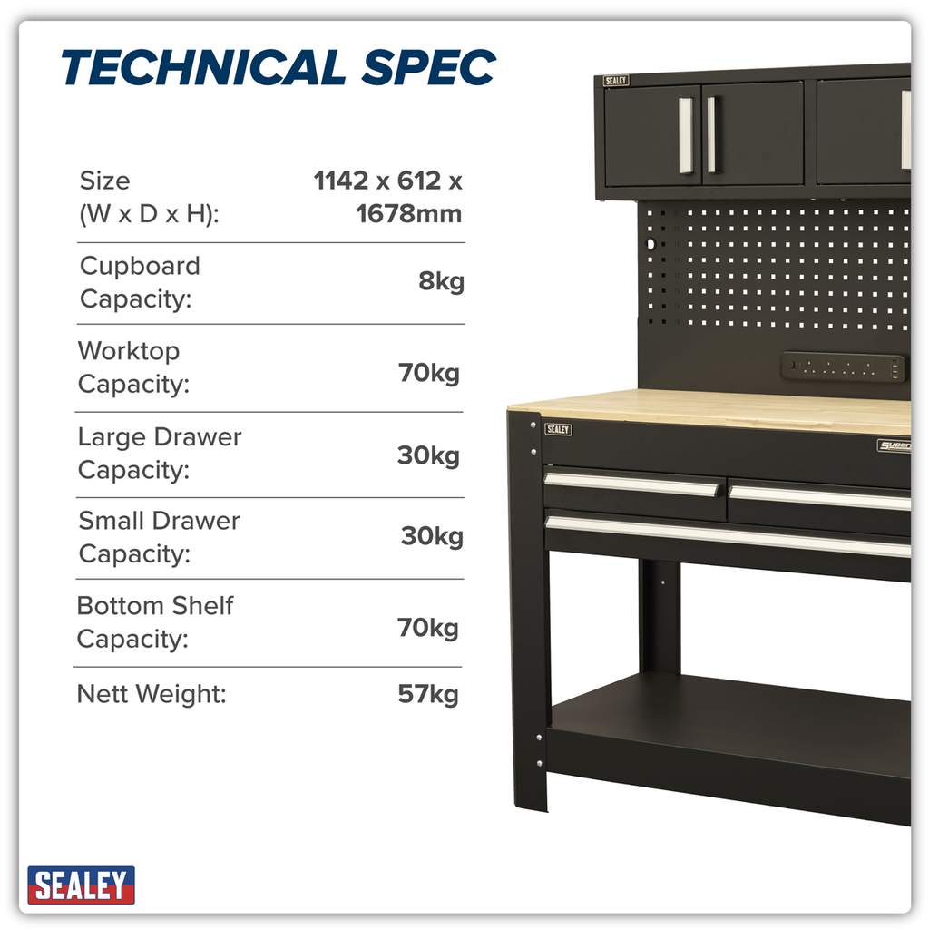 Workbench with Pegboard Back Panel, Power Bar & Wooden Worktop AP12701