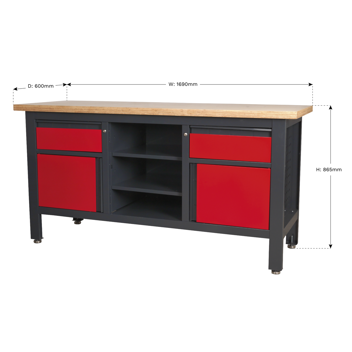 Workbench with 2 Drawers, 2 Cupboards & Open Storage AP1905A