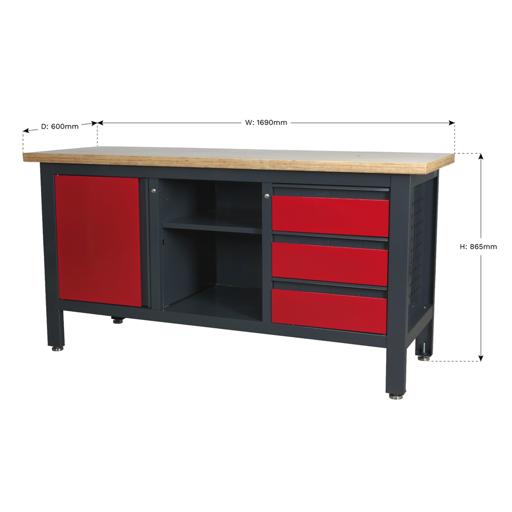 Workbench with 3 Drawers, 1 Cupboard & Open Storage AP1905B