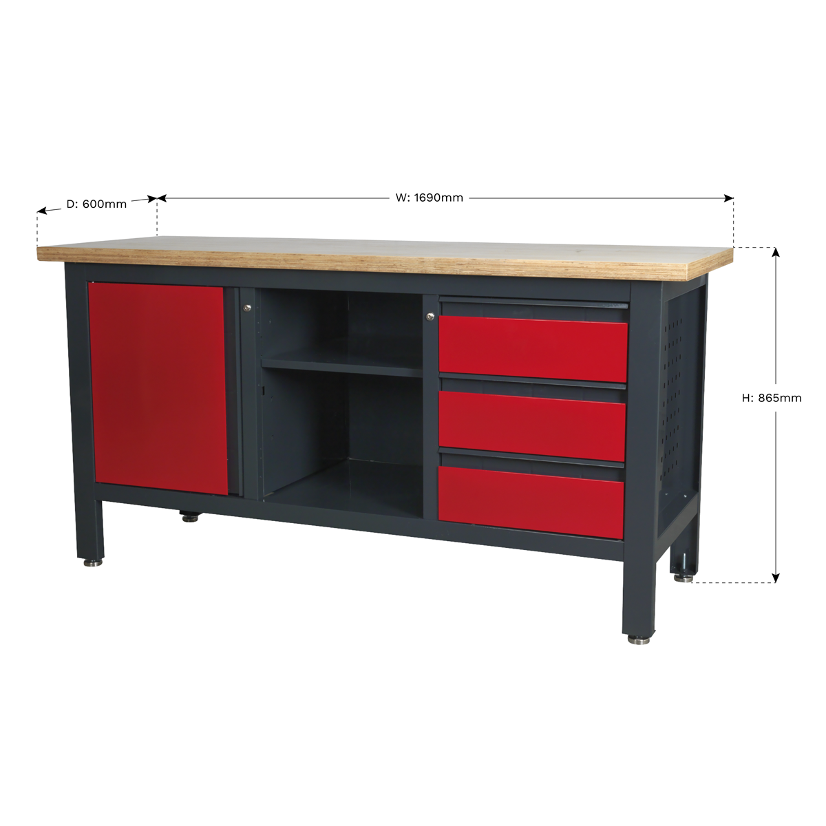 Workbench with 3 Drawers, 1 Cupboard & Open Storage AP1905B