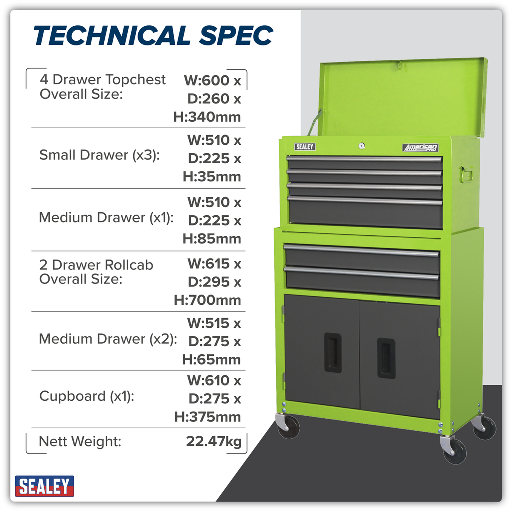 Topchest & Rollcab Combination 6 Drawer - Green/Grey AP2200BBHV