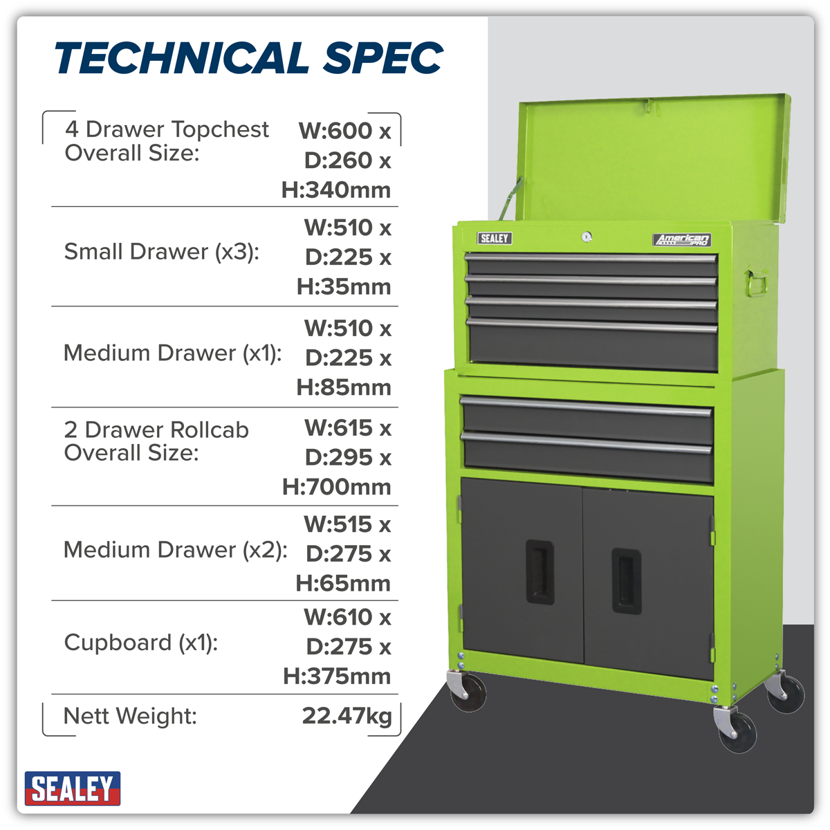 Topchest & Rollcab Combination 6 Drawer - Green/Grey AP2200BBHV