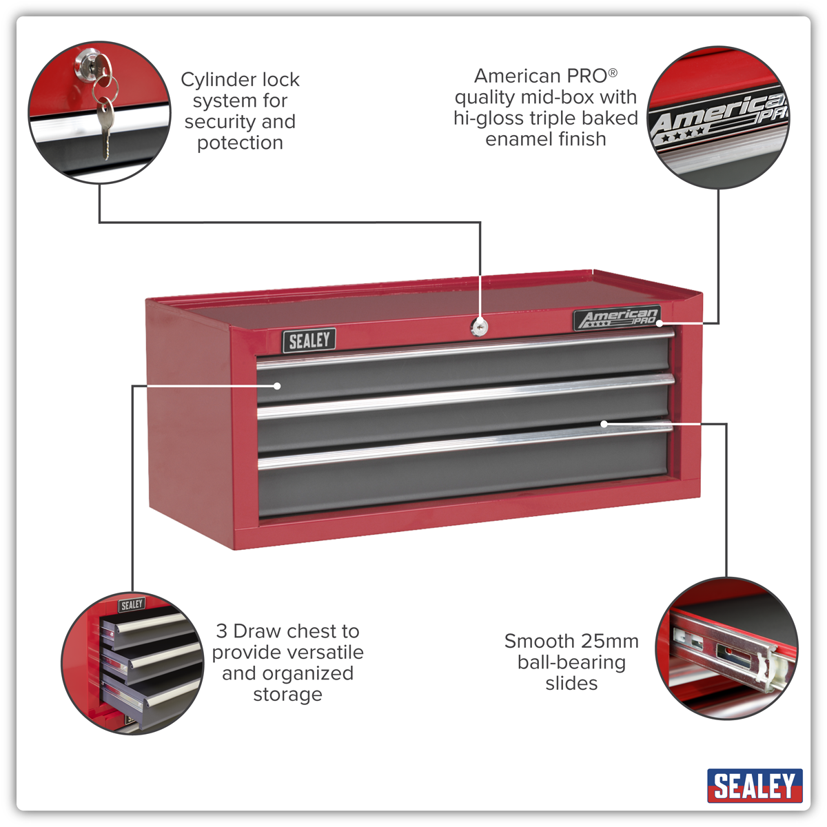 Mid-Box Tool Chest 3 Drawer - Red/Grey AP22309BB
