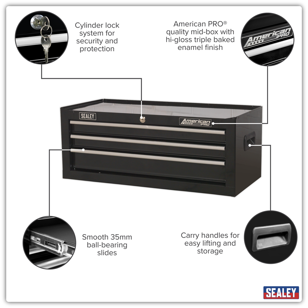 Mid-Box Tool Chest 3 Drawer - Black AP223B