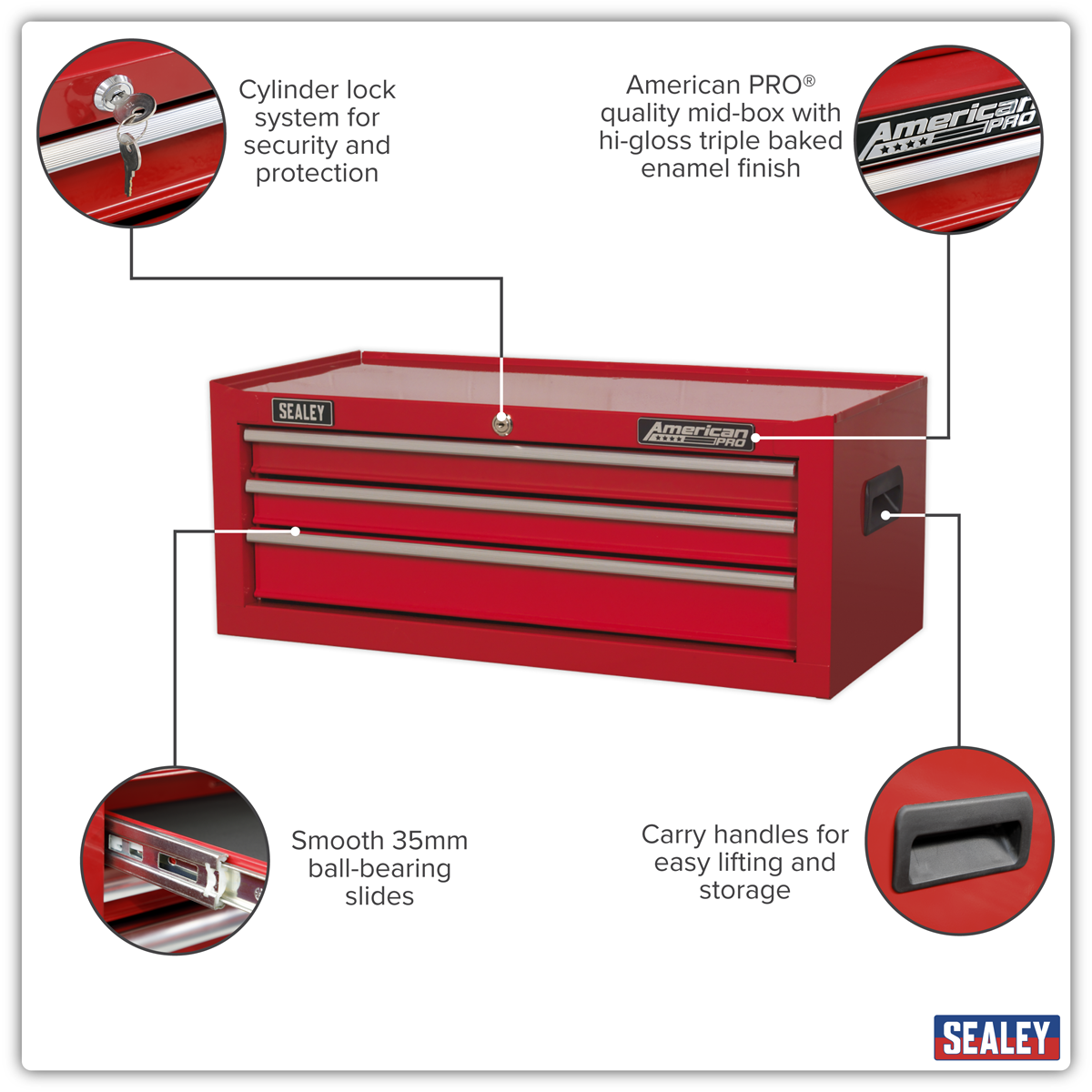 Mid-Box Tool Chest 3 Drawer - Red AP223