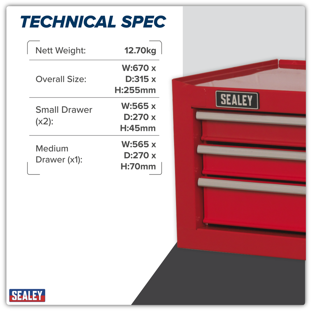 Mid-Box Tool Chest 3 Drawer - Red AP223