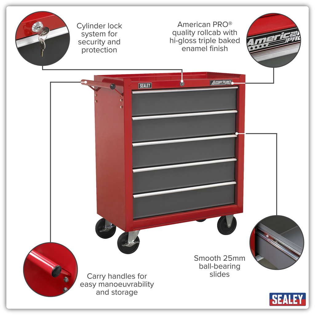 Rollcab 5 Drawer - Red/Grey AP22505BB