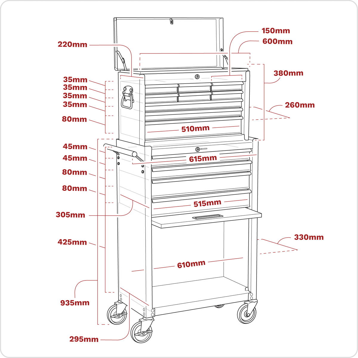 Topchest & Rollcab Combination 13 Drawer - Red/Grey AP22513BB