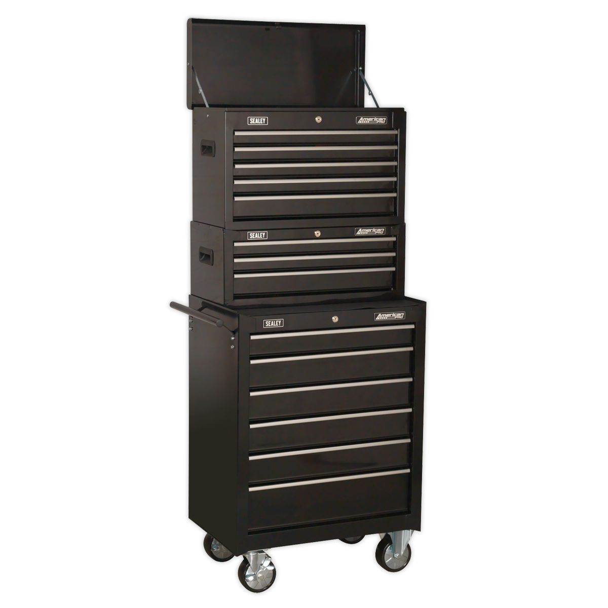 Topchest, Mid-Box Tool Chest & Rollcab Stack 14 Drawer - Black AP22BSTACK