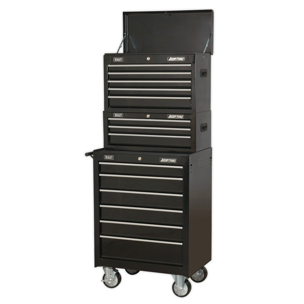 Topchest, Mid-Box Tool Chest & Rollcab Stack 14 Drawer - Black AP22BSTACK