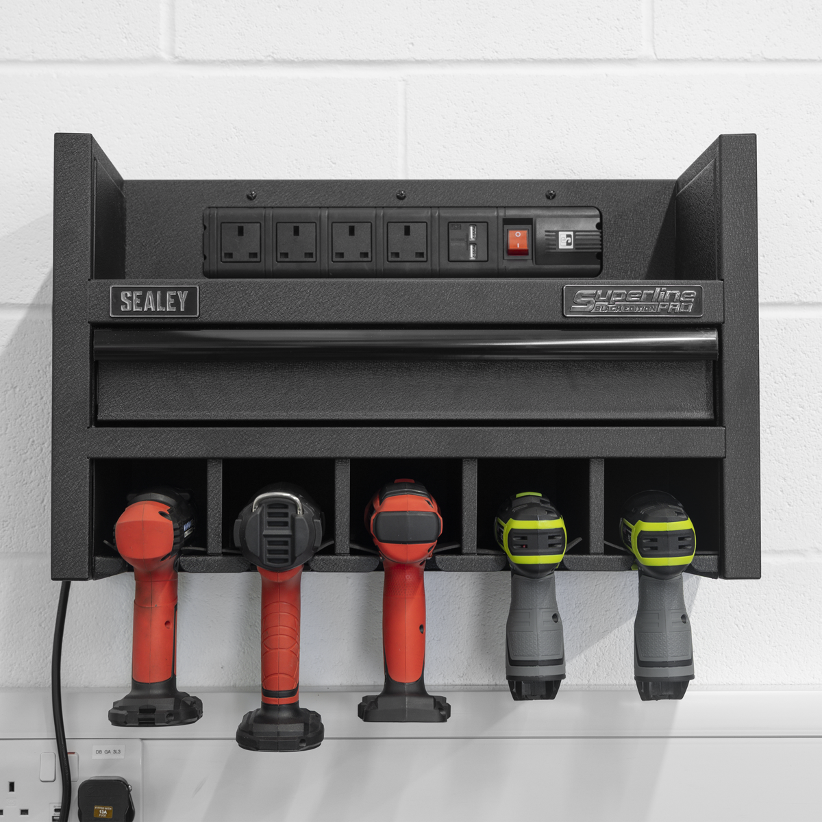 Power Tool Storage Rack with Drawer & Power Bar AP22SRBE