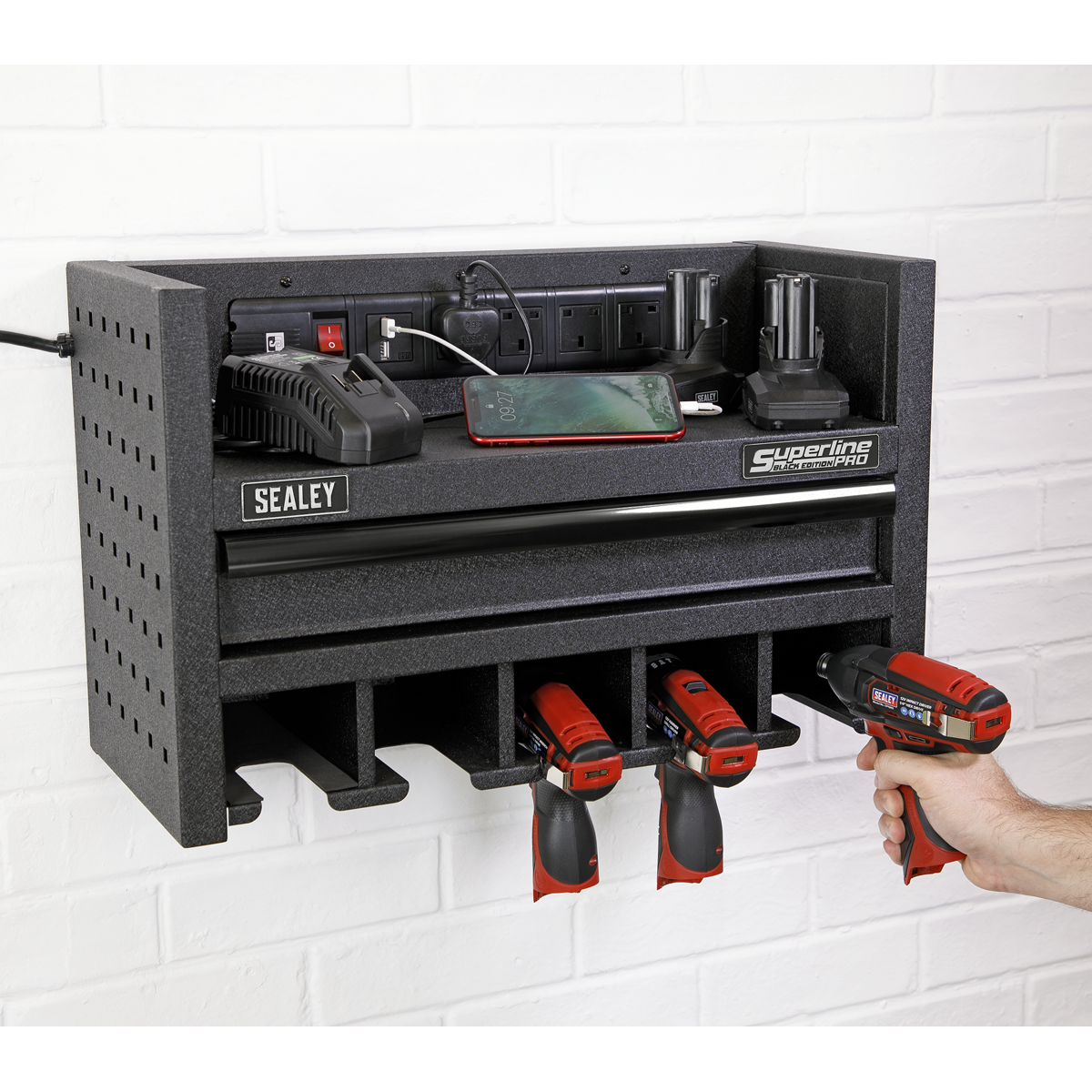 Power Tool Storage Rack with Drawer & Power Bar AP22SRBE