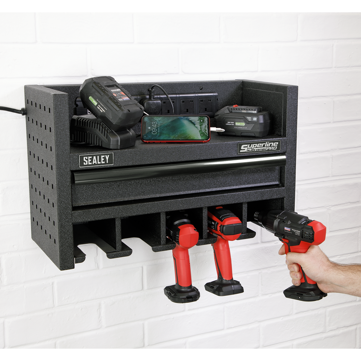 Power Tool Storage Rack with Drawer & Power Bar AP22SRBE