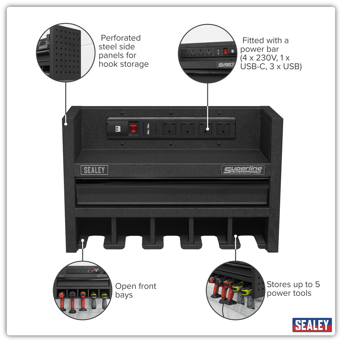 Power Tool Storage Rack with Drawer & Power Bar AP22SRBE