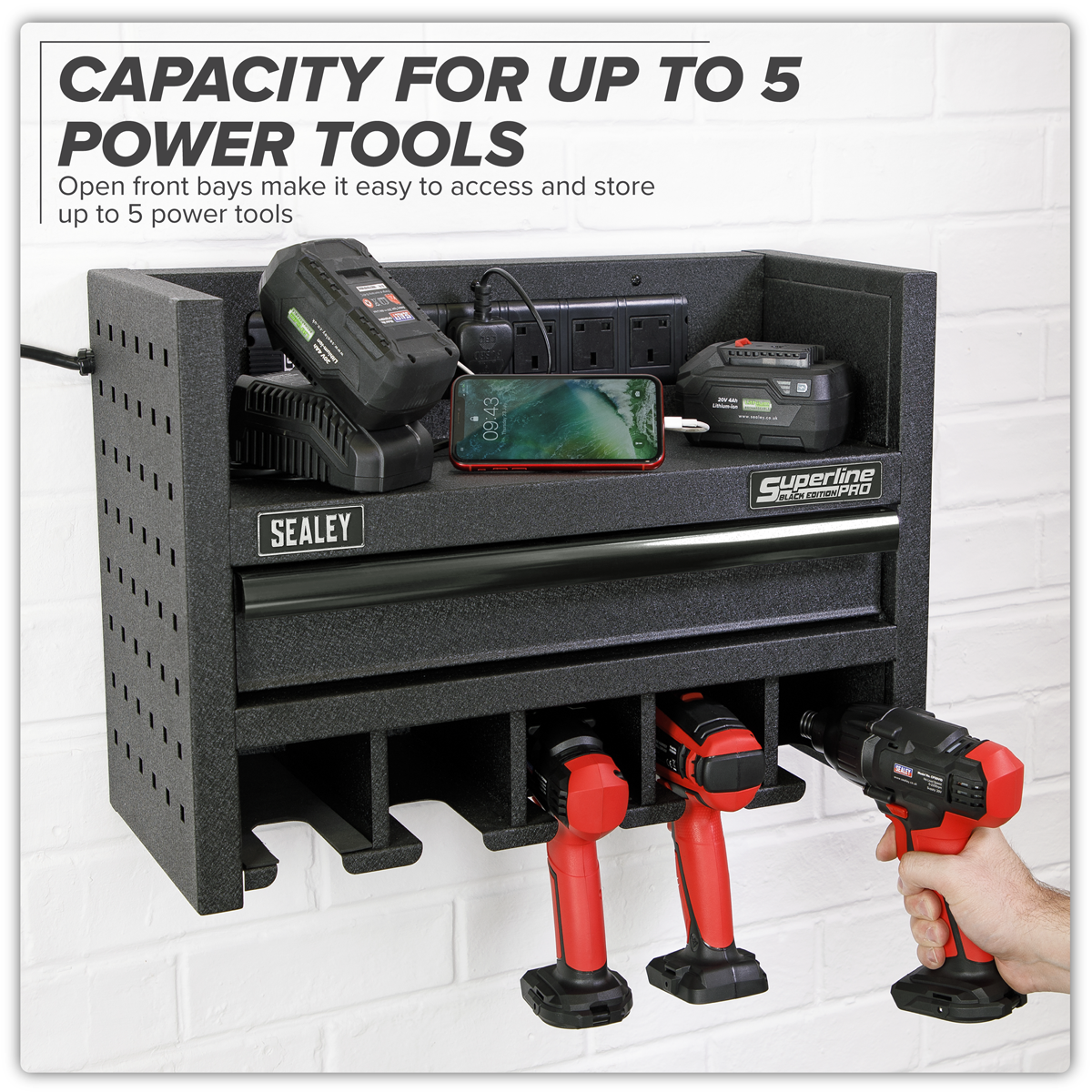 Power Tool Storage Rack with Drawer & Power Bar AP22SRBE